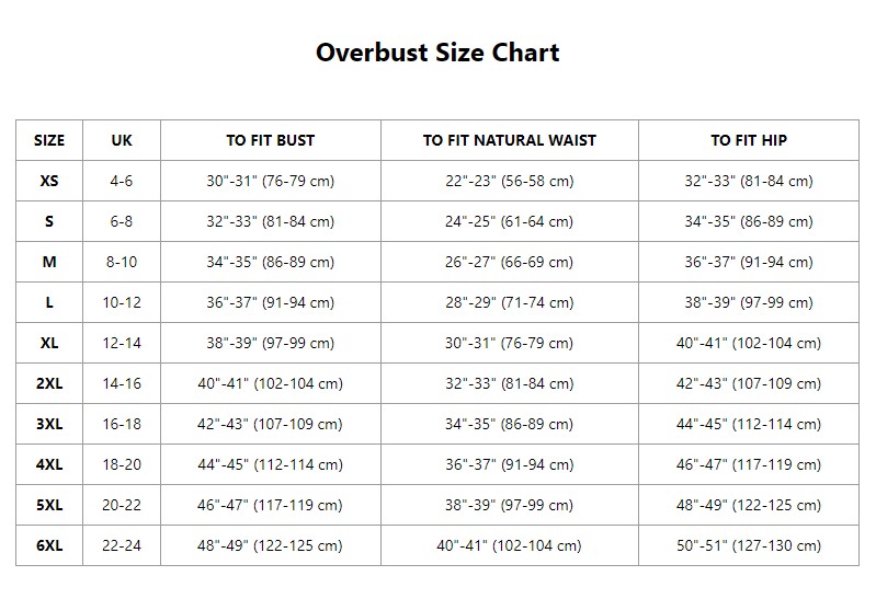product size chart